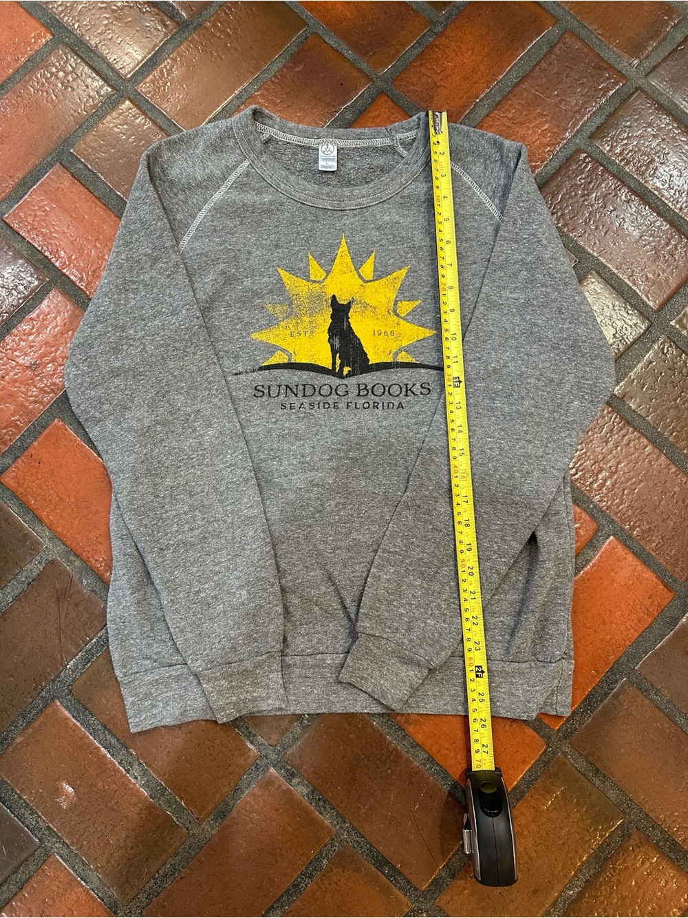 Women's Gray Crewneck Sweatshirt with Yellow SunDog Books Graphic Seaside Shop